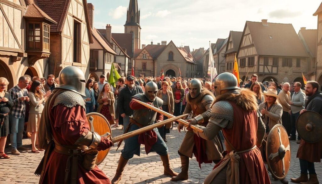 A bustling medieval-style town square, bathed in a warm afternoon light. In the foreground, a group of live-action role-players, clad in elaborate costumes, engage in a mock battle, their wooden swords and shields clashing. In the middle ground, bystanders watch with a mix of amusement and concern, some gesturing animatedly. In the background, a towering church steeple and a maze of cobblestone streets suggest the historical setting. The scene conveys a sense of both immersion and potential liability, as the players' enthusiasm risks causing unintended harm to themselves or others.
