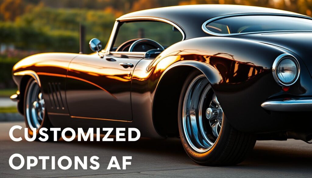A classic car in a customized, eye-catching paint job takes center stage, its glossy exterior gleaming under warm, golden-hued lighting. The vehicle's intricate details, from the chrome accents to the meticulously polished rims, are captured with precision. In the background, a serene natural setting, perhaps a lush garden or a serene countryside, provides a soothing, tranquil contrast to the car's bold presence. The overall composition conveys a sense of refinement, exclusivity, and personalized care, perfectly reflecting the "Customized Coverage Options and Services" theme.