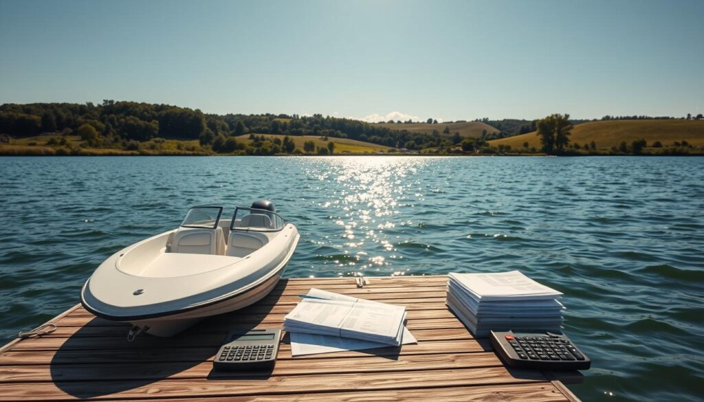 A clear, sun-drenched dock on the shores of a tranquil Iowa lake. In the foreground, a well-maintained speedboat rests, its gleaming hull reflecting the rippling water. Nearby, a stack of paperwork and a calculator symbolize the thorough analysis of boat insurance factors - coverage limits, deductibles, and policy premiums. In the middle ground, a knowledgeable insurance agent examines documents, considering the boat's age, horsepower, and usage patterns to determine the most suitable coverage. The background depicts a picturesque landscape of rolling hills, verdant trees, and a vibrant blue sky, conveying the peaceful Midwestern setting. Soft, natural lighting bathes the scene, creating a warm, inviting atmosphere that underscores the importance of responsible boat ownership and reliable insurance protection.