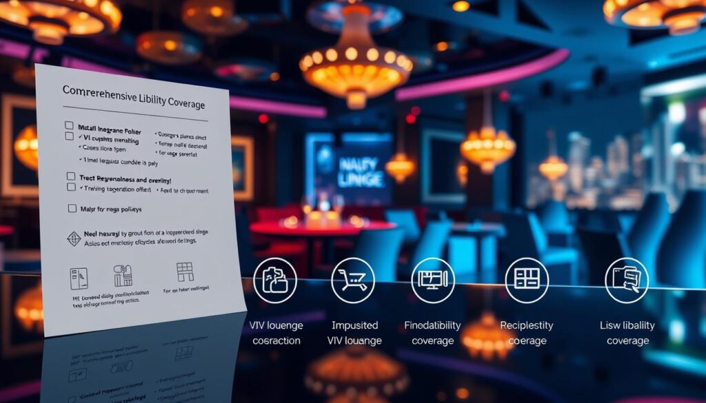 A comprehensive liability coverage illustration for a nightclub, featuring a clean, modern design. In the foreground, various insurance policy options are displayed on a sleek, glass-like surface, with icons and subtitles highlighting the key coverage areas. The middle ground showcases a visually captivating nightclub interior, with dim lighting, VIP lounge, and a bustling dance floor, all rendered in a stylized, cinematic manner. The background features a blurred city skyline, hinting at the broader context of urban nightlife and the need for robust liability protection. The overall mood is one of sophistication, security, and the careful balance between the excitement of nightclub operations and the responsibility of comprehensive risk management.