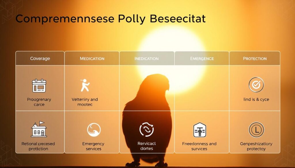 A comprehensive policy benefits diagram depicting a detailed visual representation of a bird insurance policy. In the foreground, a neatly organized grid layout showcases the various coverage areas, such as veterinary care, medication, and emergency services, using clean icons and minimal text. The middle ground features a serene avian silhouette, representing the protected bird, bathed in warm, soft lighting. In the background, a subtle gradient or pattern symbolizes the comprehensive protection and security provided by the insurance plan. The overall composition conveys a sense of order, reliability, and the prioritization of the bird's well-being, reflecting the key points of the "Comprehensive Policy Benefits and Protection" section.