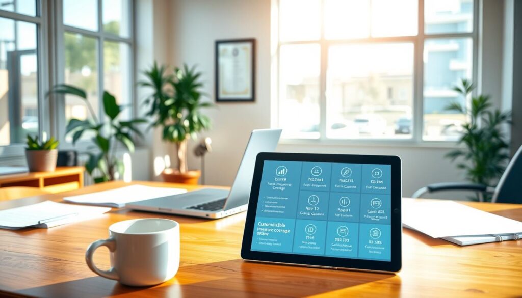 A cozy insurance office interior with natural lighting and a warm, inviting atmosphere. In the foreground, a wooden desk with a selection of insurance documents, a laptop, and a mug of coffee. On the desk, a tablet displays various customizable insurance coverage options, with icons and data visualizations highlighting the key features. In the middle ground, a potted plant and a framed certificate hang on the wall, conveying a sense of professionalism and expertise. The background features floor-to-ceiling windows, allowing sunlight to stream in and illuminating the space. The overall vibe is one of trust, reliability, and personalized service, reflecting the ethos of "Birdie Insurance."