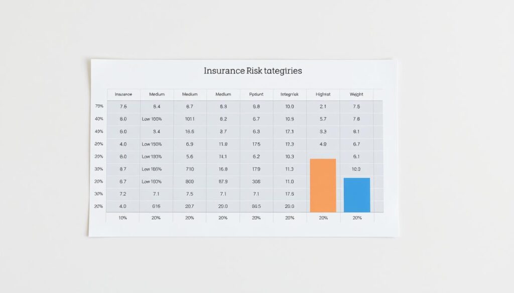 A detailed, high-quality insurance risk categories chart rendered in a clean, minimalist style. The chart features various risk levels and categories, such as low, medium, and high risk, with clear visual indicators to distinguish them. The chart is set against a simple, neutral background with soft lighting, highlighting the clarity and precision of the data visualization. The overall presentation is professional, informative, and visually appealing, suitable for inclusion in a life insurance height-weight chart article.