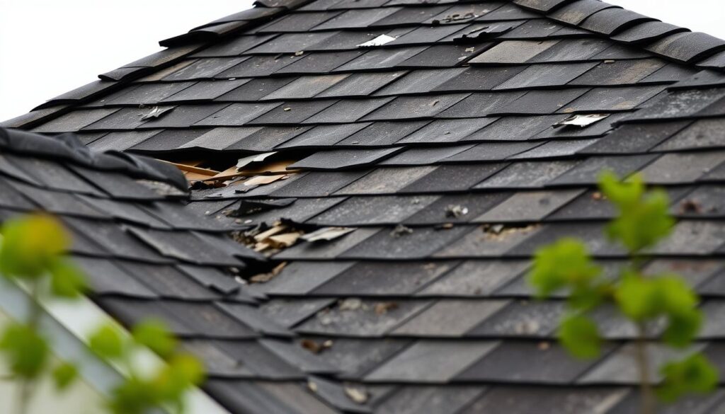 A detailed, high-resolution photograph of a damaged residential roof, captured from a low angle. The foreground shows cracked, missing, or curled shingles, exposing the underlying roof structure. The middle ground reveals water stains, discoloration, and signs of weathering on the remaining shingles. The background depicts a clear, overcast sky, casting soft, even lighting across the scene. The image conveys a sense of deterioration and the need for professional roof inspection and potential replacement, aligning with the subject of "Effective Strategies: How to negotiate roof replacement with insurance."