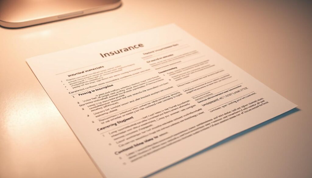 A detailed insurance claim document with carefully annotated sections highlighting key terms, conditions, and coverage details related to roof damage. The document is presented on a smooth, clean desktop surface, illuminated by soft, warm lighting that creates a sense of professionalism and clarity. The angle is slightly elevated, providing a comprehensive view of the document's structure and layout. The overall mood is one of informative diligence, guiding the viewer through the intricacies of their home roofing insurance policy.