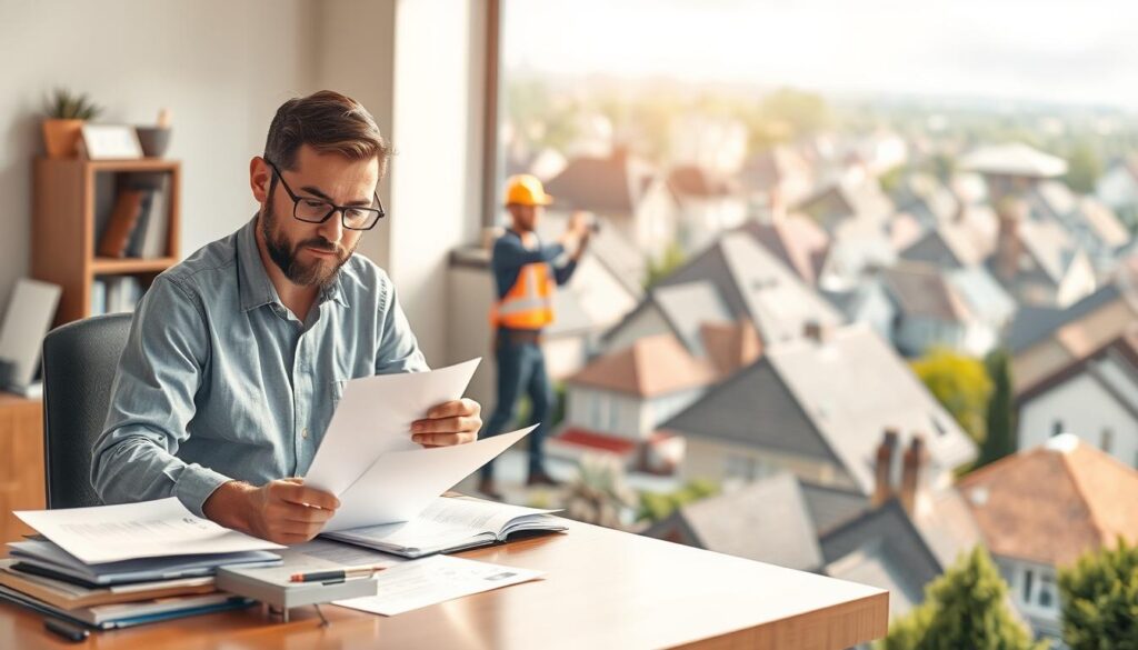 A detailed timeline illustration of the insurance claim process for roof replacement, featuring a realistic three-dimensional scene. In the foreground, a homeowner reviews paperwork and documents, surrounded by a neatly organized desk setup. In the middle ground, a contractor performs an on-site inspection, taking measurements and assessing the roof's condition. In the background, a realistic rendering of a residential neighborhood with varied architectural styles sets the scene. The lighting is natural and warm, conveying a sense of professionalism and trust. The overall composition guides the viewer through the key steps of the insurance claim timeline, with a focus on the collaboration between the homeowner and the contractor.