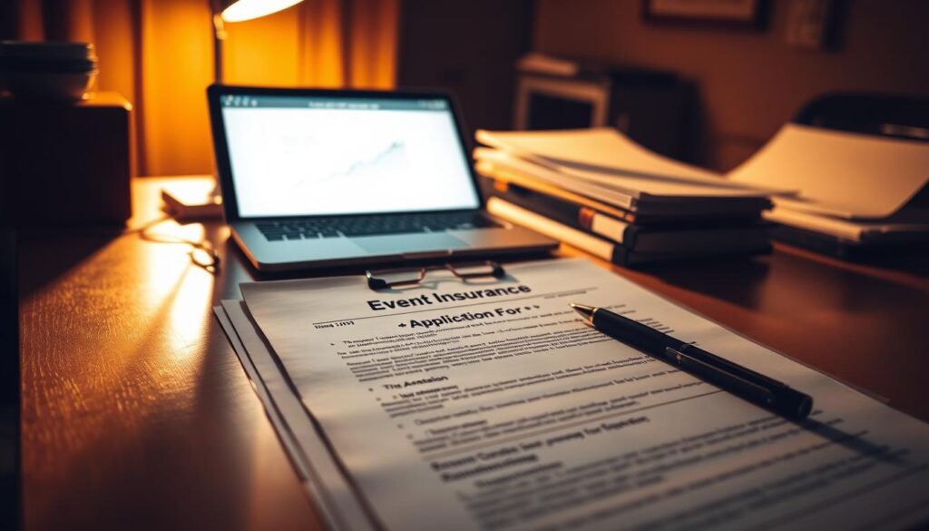 A dimly lit office space, a desk with a laptop, a stack of documents, and a pen waiting to be used. In the foreground, an event insurance application form lies open, inviting the viewer to imagine the process of securing coverage for a LARP adventure. The lighting is warm and inviting, casting a soft glow on the scene, creating a sense of professionalism and attention to detail. The background is slightly blurred, placing the focus on the application process at hand. The overall mood is one of organization, diligence, and the importance of ensuring a safe and enjoyable LARP experience.