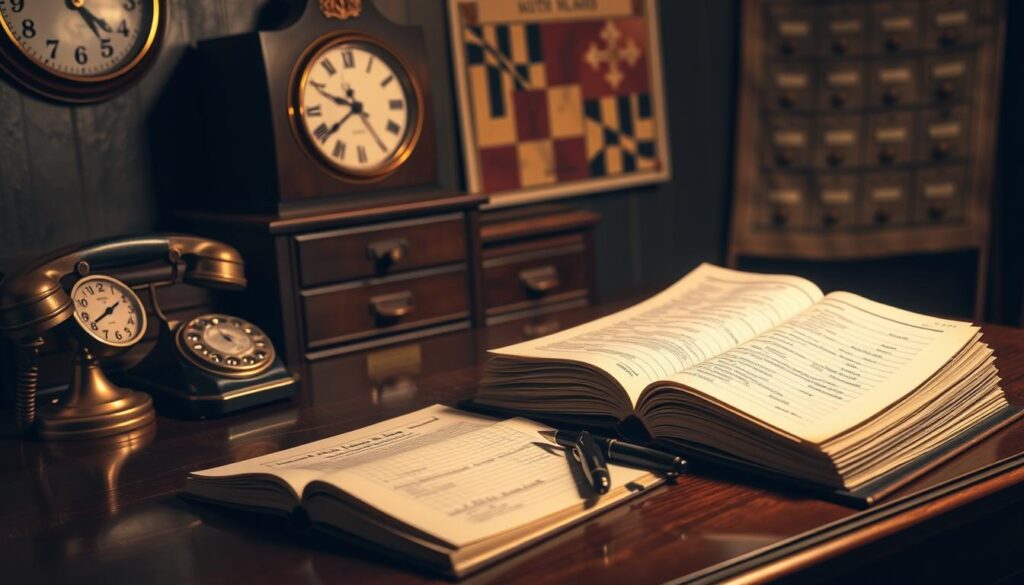 A dimly lit, vintage office setting with a mahogany desk, a brass-framed wall clock, and a 1950s-style rotary telephone. On the desk, an open ledger book and a pen rest next to a stack of historic auto insurance policies. Soft, warm lighting casts a nostalgic glow, evoking a bygone era of careful record-keeping and personalized customer service. In the background, antique filing cabinets and a weathered map of the state of Maryland hint at the rich history of the insurance industry. The overall scene conveys a sense of trust, tradition, and attention to detail in the process of obtaining historic auto insurance quotes.