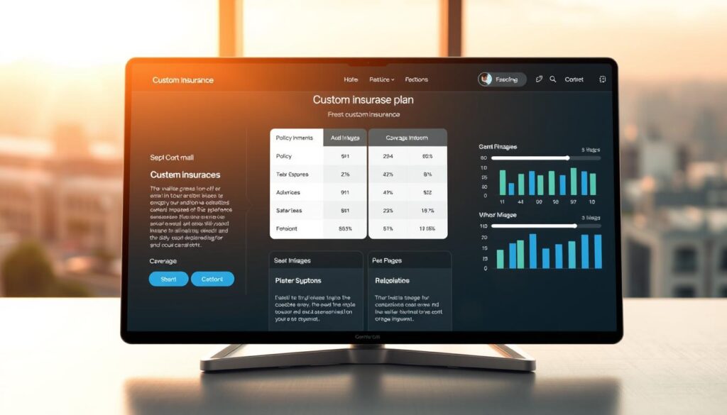 A harmonious set of custom insurance plans displayed on a sleek, modern interface. In the foreground, various policy options with detailed coverage information presented in a clear, organized manner. The middle ground showcases comparison charts and interactive sliders, allowing seamless side-by-side evaluation. The background features a softly blurred cityscape, conveying a sense of security and reliability. Warm, natural lighting illuminates the scene, creating a welcoming and trustworthy atmosphere. The overall composition emphasizes the customizable nature of the insurance plans, catering to the unique needs of the individual.