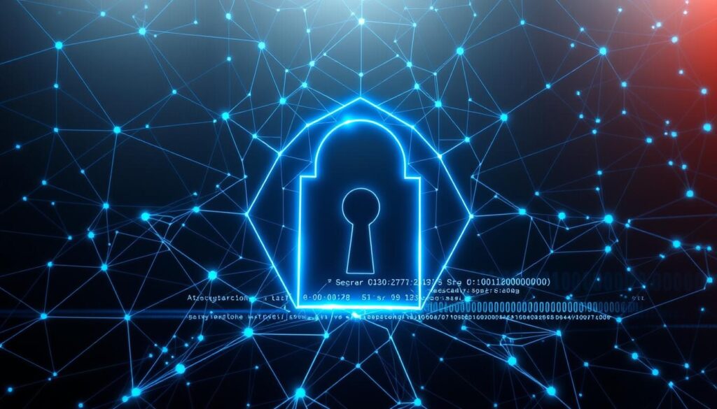 A high-tech digital security encryption illustration, showcasing a complex web of interconnected geometric shapes and patterns. In the foreground, a central keyhole-like shape pulses with an ethereal blue glow, representing the secure data exchange. Surrounding it, a intricate lattice of luminous lines and polygons, depicting the multilayered encryption protocols. In the middle ground, a series of binary code fragments zip across the frame, hinting at the underlying data transmission. The background features a muted, metallic gradient, conveying a sense of technological sophistication and confidence. Dramatic lighting casts dramatic shadows, adding depth and drama to the composition. Captured with a wide-angle lens to emphasize the grand, imposing scale of the digital security system.