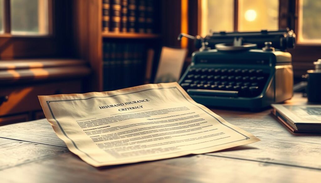 A historic auto insurance eligibility criteria policy document resting on a wooden desk, illuminated by a warm, golden light filtering through an aged window. The document's yellowed pages and the patina of the desk convey a sense of nostalgia and tradition. In the background, a bookshelf with leather-bound volumes and a vintage typewriter add to the timeless atmosphere. The composition is balanced, with the document as the central focus, surrounded by subtle details that evoke the era of classic automotive insurance.