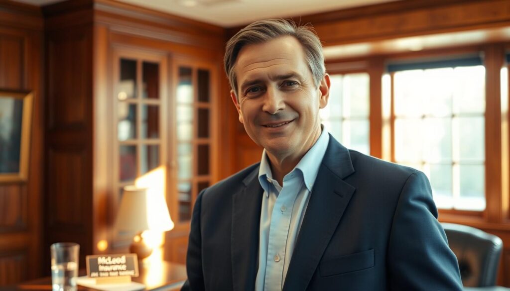 A kind-faced, middle-aged man dressed in a well-tailored, navy blue suit stands in a warm, wood-paneled office, confidently addressing the viewer. He has a friendly, reassuring demeanor, with a slight smile and intelligent, trustworthy eyes. The room is illuminated by soft, golden light filtering through a large window, casting a cozy, inviting ambiance. On the desk behind him, a glass of water and a nameplate read "McLeod Insurance" - signifying his role as a trusted, historic auto insurance agent.