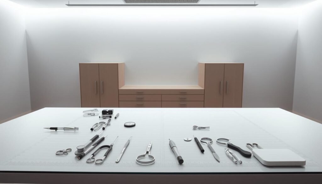A large, neatly organized table with clean, clinical lines and a minimalist aesthetic. The tabletop is made of a smooth, reflective surface, perhaps glass or polished metal, with a subtle grid pattern etched into it. The table is positioned in a well-lit, airy space, with soft, diffused lighting from above casting an even glow across the surface. In the foreground, a variety of medical instruments and tools are arranged in a symmetrical, organized fashion, hinting at the table's purpose as a body metrics evaluation station. The background is a neutral, muted palette, allowing the table and its contents to take center stage.