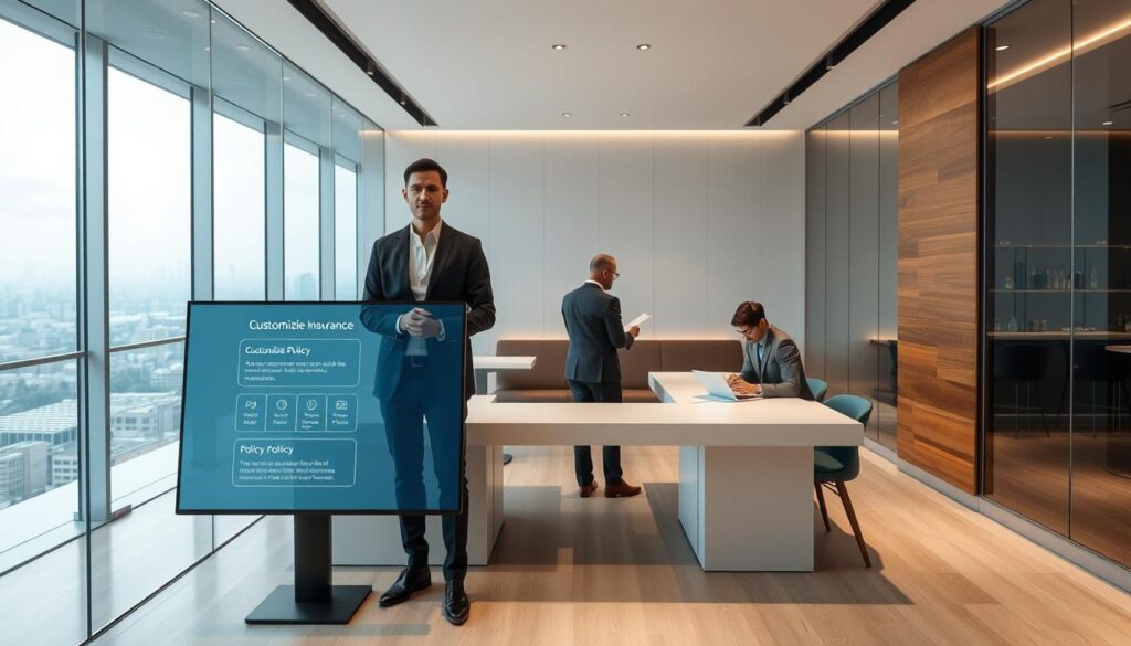 A minimalist, modern insurance office interior with sleek glass walls, polished wood accents, and soft, indirect lighting. In the foreground, a well-dressed insurance agent stands beside a virtual display showcasing customizable policy options. The middle ground features a client reviewing documents on a minimalist desk, while the background depicts a panoramic city skyline visible through the large windows, conveying a sense of security and protection. The overall atmosphere is professional, yet inviting, reflecting the tailored solutions for nightclub and bar operations.