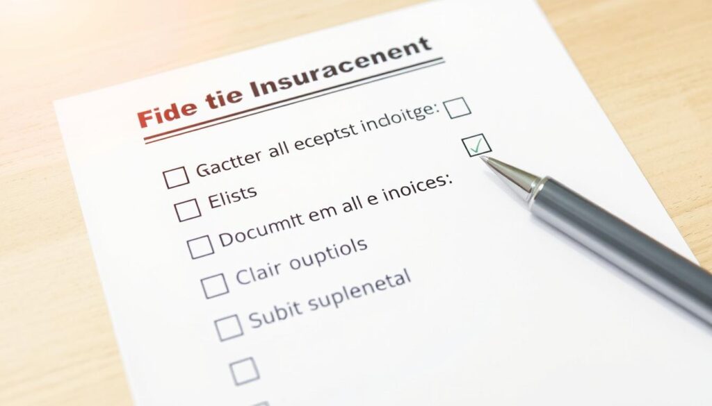 A neatly organized checklist on a crisp, white paper background, with a warm, natural light filtering in from the top left. The checklist items are clearly delineated, each with a checkbox, covering key steps for filing a supplemental insurance claim, such as "Gather all receipts and invoices", "Document any additional damage", and "Submit supplemental claim form". A pen rests at the top right, ready to mark the boxes. The overall atmosphere conveys a sense of efficiency and attention to detail, with the checklist guiding the viewer through the process of maximizing their roof replacement insurance coverage.