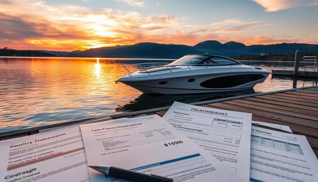 A peaceful lakeside scene with a sleek, modern boat docked at the water's edge. The boat is surrounded by various insurance documents, including policy papers, cost breakdowns, and coverage details. The lake is calm and serene, with a beautiful sunset casting a warm glow over the scene. The boat's reflection shimmers on the water, and the sky is a breathtaking blend of oranges, pinks, and purples. The composition is balanced, with the boat in the foreground, the insurance documents in the middle ground, and the serene landscape in the background. The lighting is soft and natural, creating a sense of tranquility and professionalism. The overall mood is one of security, reliability, and the importance of protecting one's investments.