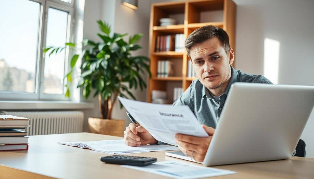 A person sitting at a desk, studying insurance documents and analyzing information on a laptop computer. The workspace is well-lit, with natural light streaming in through large windows, casting a warm glow on the scene. The desk is neatly organized, with a pen, calculator, and a stack of papers alongside the laptop. In the background, a bookshelf filled with reference materials and a potted plant add to the professional, yet inviting atmosphere. The subject's expression is one of focused concentration, reflecting the importance of carefully assessing their insurance needs.