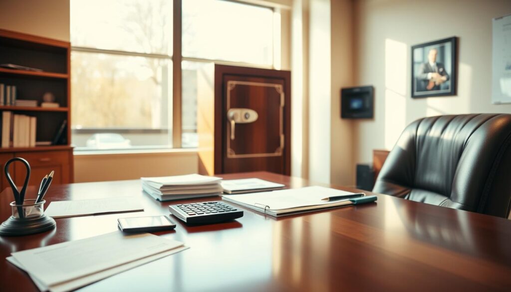 A professional office interior with a large wooden desk, a leather chair, and a wall-mounted safe in the background. On the desk, various business documents, a calculator, and a pen holder. Warm, natural lighting filters through large windows, casting a soft glow on the scene. The room conveys a sense of security, professionalism, and attention to detail - essential elements of effective business liability protection.