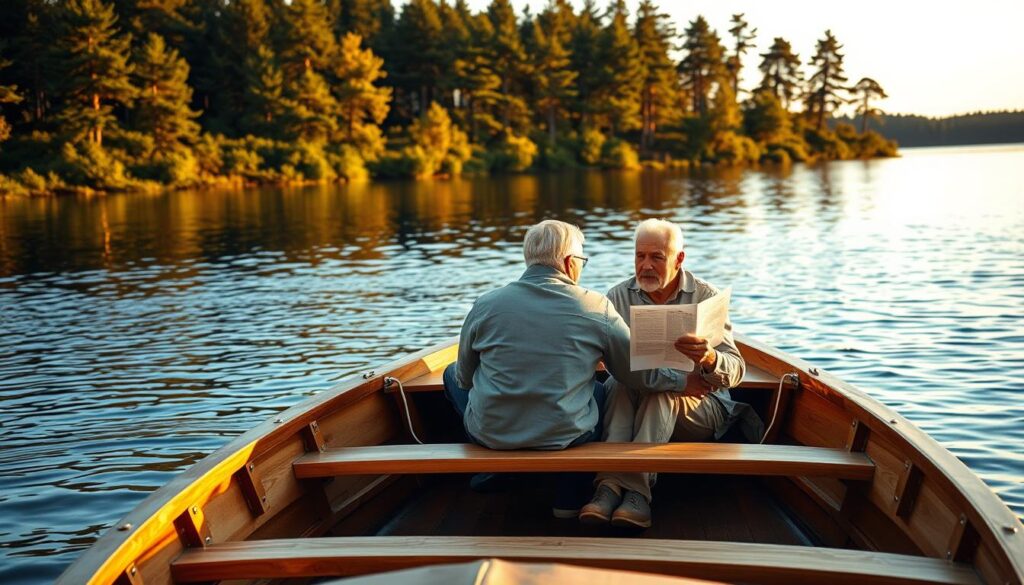 A serene lakeside scene with a wooden boat gently drifting on the calm waters, its hull reflecting the golden hues of the setting sun. In the foreground, a middle-aged couple sits in the boat, examining documents that detail their boat insurance policy, exploring potential discounts and savings. The background features a lush, verdant shoreline dotted with tall pine trees, casting long shadows across the tranquil surface. The lighting is soft and warm, creating an atmosphere of relaxation and contentment. The camera angle is slightly elevated, capturing the entire serene tableau in a picturesque composition.