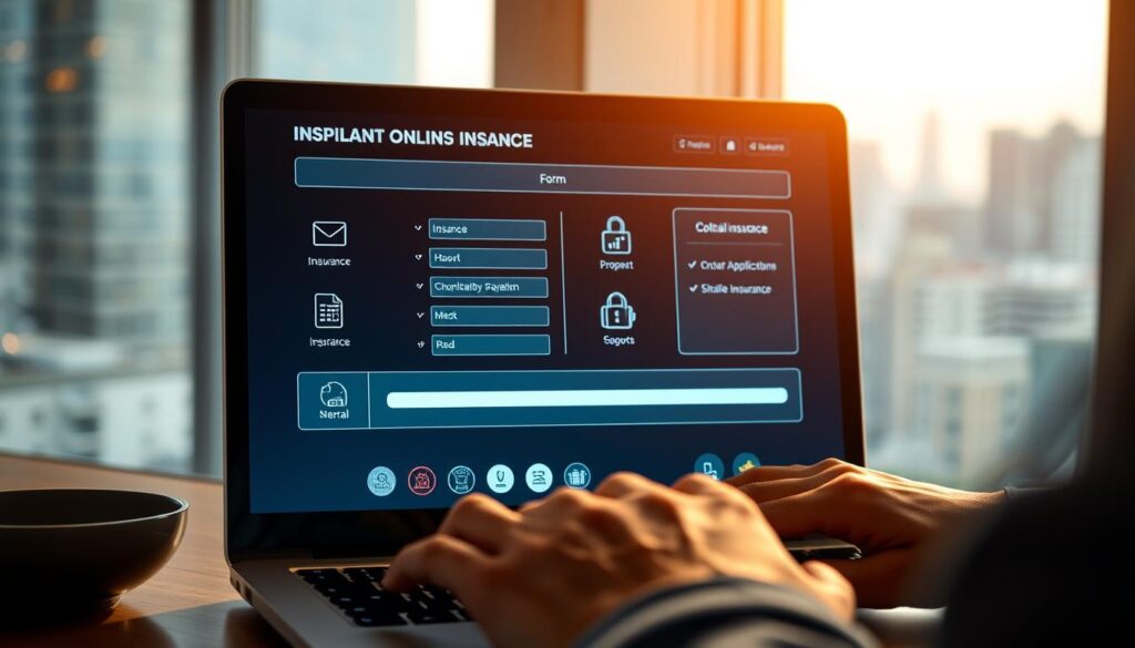 A sleek, modern online insurance application interface displayed on a laptop screen. In the foreground, a prospective customer fills out a streamlined digital form, their hands poised over the keyboard. The middle ground shows various insurance icons, graphics, and a progress bar indicating a seamless application process. The background features a soft, blurred cityscape, conveying a sense of security and efficiency. Warm, indirect lighting illuminates the scene, creating a professional, trustworthy atmosphere. The overall composition emphasizes the ease and convenience of the online insurance application experience.