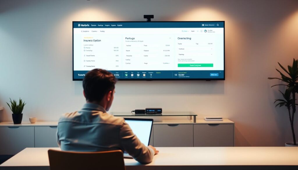 A sleek, modern online insurance quote process. In the foreground, a person sitting at a desk, laptop open, carefully reviewing insurance options. The middle ground features a large desktop monitor displaying a user-friendly quote interface, with clear options and intuitive navigation. The background showcases a minimalist, well-lit office space, with clean lines and subtle branding elements that convey a sense of professionalism and trust. Soft, diffused lighting casts a warm, inviting glow, creating a calming, efficient atmosphere. The overall composition emphasizes the simplicity and ease of securing an insurance quote online, reflecting the "Simple Process to Secure Your Quote" section title.