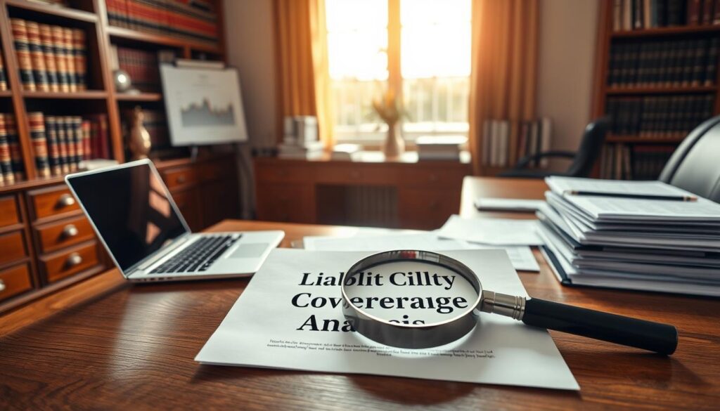 A spacious office setting with a large wooden desk, a laptop, and various business documents and folders neatly arranged. Warm, natural lighting filters through a nearby window, casting a soft glow over the scene. On the desk, a magnifying glass hovers over an open document, highlighting the text "Liability Coverage Analysis". In the background, a bookshelf filled with legal texts and financial reports creates a sense of professionalism and attention to detail. The overall atmosphere conveys a thoughtful, analytical approach to understanding the complexities of nightclub insurance.