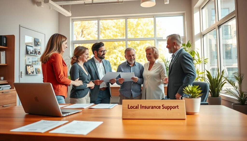 A sunny, welcoming office interior with a team of friendly insurance agents assisting local customers. The foreground features a wooden desk with a laptop, papers, and a nameplate "Local Insurance Support". Middle ground showcases two agents in professional attire, engaged in lively discussion with a couple reviewing insurance documents. The background depicts large windows letting in warm natural light, and potted plants adding a touch of greenery. The overall atmosphere conveys a sense of expertise, approachability, and personalized service tailored to the community's insurance needs.