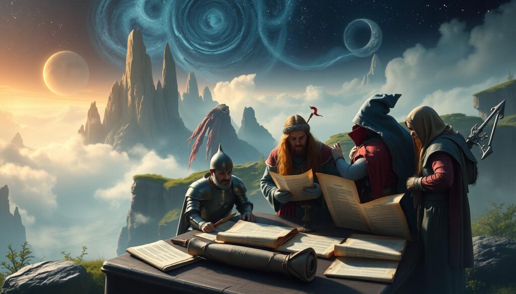 A vibrant and imaginative scene of role-playing insurance options. In the foreground, a group of adventurers in fantastical costumed attire - a knight, a wizard, and a rogue - gather around a table, poring over a variety of scrolls and documents representing different insurance policies. The middle ground features a mystical, otherworldly landscape with towering cliffs, swirling mists, and a starry night sky. Soft, diffused lighting illuminates the scene, creating an atmosphere of wonder and enchantment. The image conveys a sense of the importance of securing proper coverage for the unpredictable challenges faced by costumed adventurers in the world of live-action role-playing.