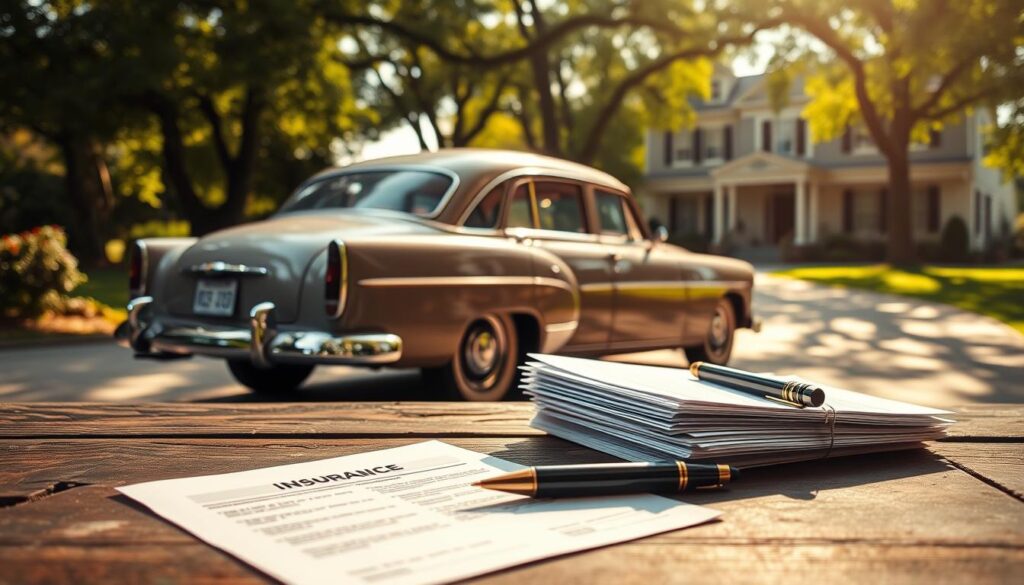 A vintage American sedan parked in a sunlit, tree-lined driveway, its glossy paint shimmering. In the foreground, a stack of insurance documents and a pen resting on a weathered wooden table, conveying the process of securing classic car coverage. The mid-ground features the car's graceful lines and chrome accents, while the background showcases a stately manor-style home, hinting at the classic's prestigious heritage. Soft, warm lighting imbues the scene with a nostalgic, timeless ambiance, capturing the essence of preserving automotive history through comprehensive insurance protection.