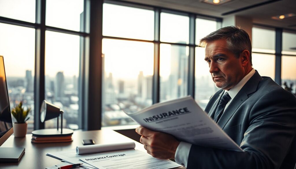A well-lit office interior, with a desk and various business documents representing property and workers compensation coverage. In the foreground, a professional businessman reviews insurance policies, his brow furrowed in concentration. Behind him, a large window offers a view of a bustling urban landscape, conveying a sense of security and protection. The lighting is soft and warm, creating a sense of trust and reliability. The overall atmosphere is one of diligence, attention to detail, and a commitment to safeguarding both the physical and operational aspects of a business.