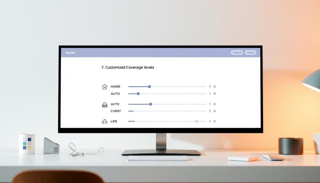 An array of customized insurance coverage options displayed on a modern, minimalist desktop. In the foreground, various icons and graphics representing different policies - home, auto, life, and more. The middle ground showcases sleek, customizable sliders and toggles allowing the user to adjust coverage levels. The background features a soft, gradient-based color scheme, evoking a sense of professionalism and digital sophistication. Warm, directional lighting casts subtle shadows, highlighting the interactivity of the interface. The overall aesthetic is clean, intuitive, and designed to empower the user's insurance choices.