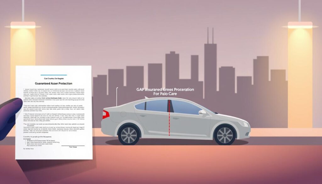 Detailed illustration of the core concepts behind Guaranteed Asset Protection (GAP) insurance. In the foreground, a modern car loan contract and a GAP insurance policy document, positioned prominently to convey their importance. The middle ground features a depiction of a vehicle's depreciation curve, visually demonstrating the gap between the loan balance and the vehicle's declining market value over time. In the background, a stylized cityscape with skyscrapers, suggesting the broader financial landscape in which GAP coverage operates. The lighting is soft and warm, creating a sense of reliability and security. The overall composition and color palette convey the essential role of GAP insurance in bridging the coverage gap and protecting consumers.
