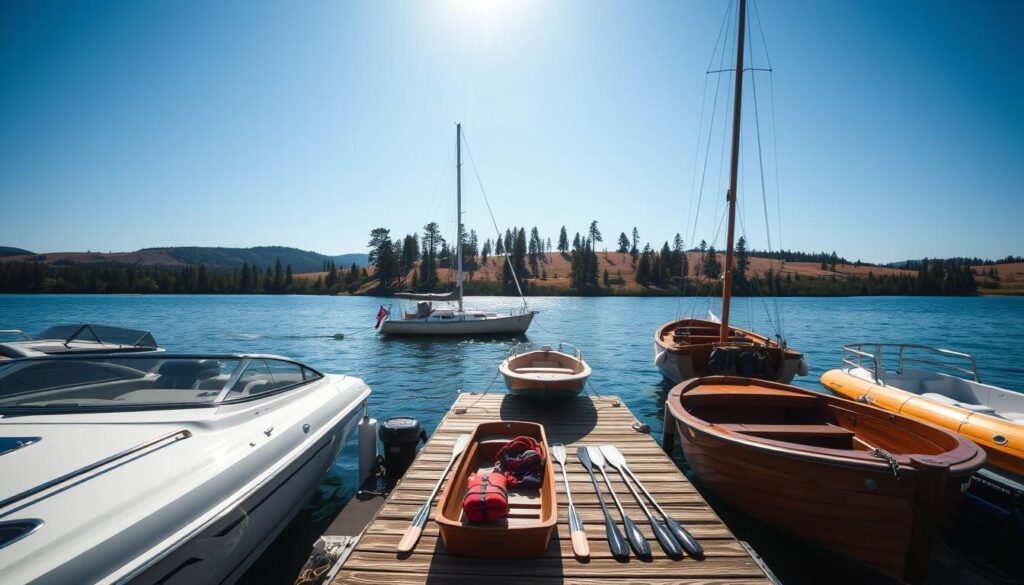 Prompt A sunlit dock overlooking a tranquil lake, with a variety of watercraft in the foreground - a sleek speedboat, a classic wooden sailboat, and a sturdy fishing boat. In the middle ground, life jackets, oars, and other nautical accessories are neatly arranged, hinting at the various coverage options available. The background features a picturesque landscape with rolling hills, towering pines, and a clear, blue sky, captured through a wide-angle lens with soft, diffused lighting, creating a serene and inviting atmosphere.