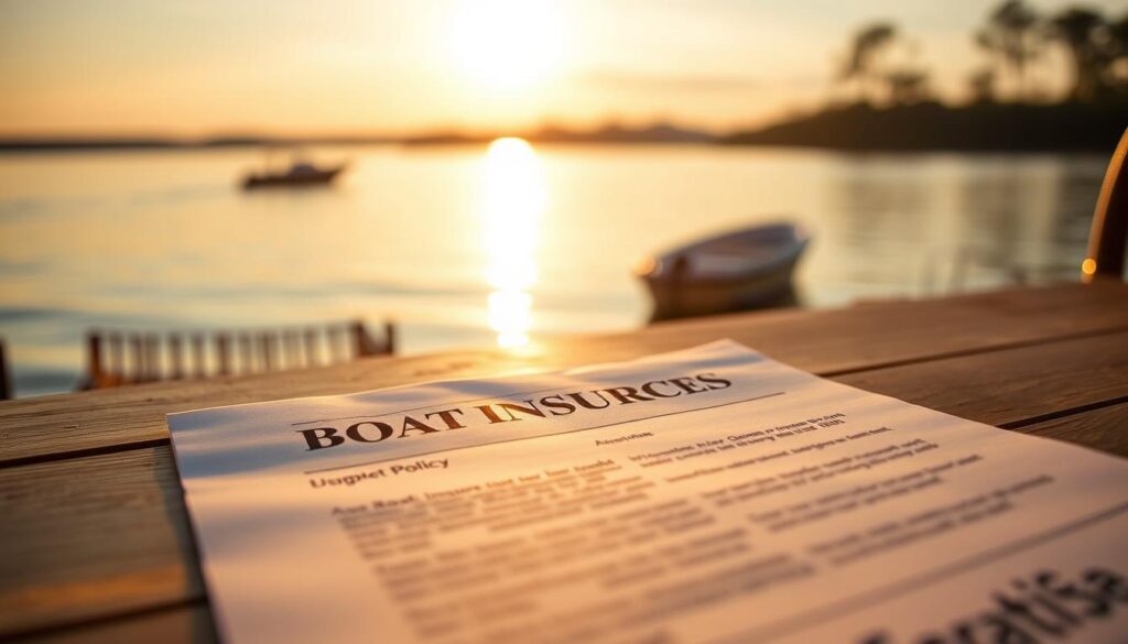boat insurance policy in a warm, golden-hour lighting, with the policy document filling the foreground, resting on a wooden table surrounded by a subtle, blurred background depicting a scenic Iowa lakeside landscape with a small boat in the distance, capturing the essence of the article's subject and section title